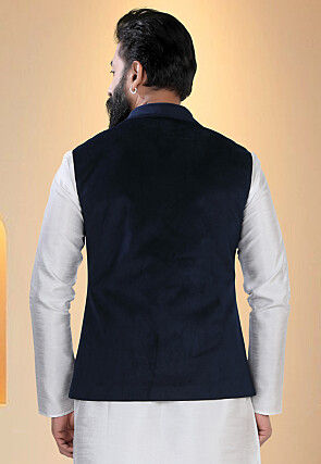 Solid Color Velvet Nehru Jacket in Dark Blue