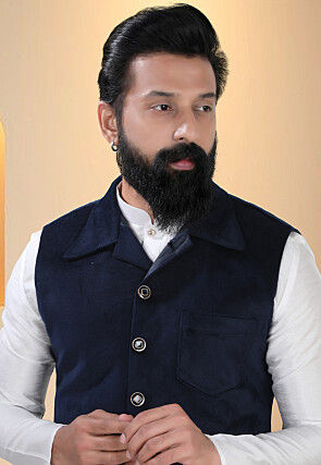 Solid Color Velvet Nehru Jacket in Dark Blue