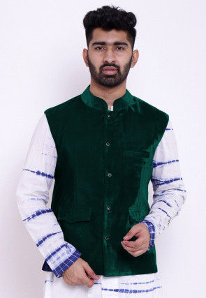Solid Color Velvet Nehru Jacket in Dark Green
