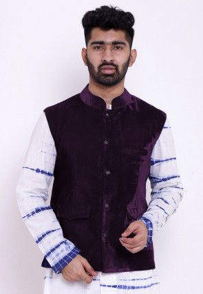 Solid Color Velvet Nehru Jacket In Dark Purple