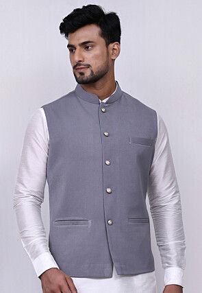 Solid Color Velvet Nehru Jacket in Grey