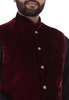 Solid Color Velvet Nehru Jacket in Maroon