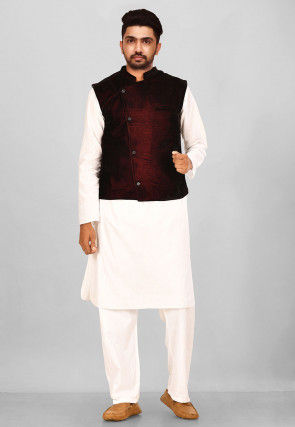 Solid Color Velvet Nehru Jacket in Maroon