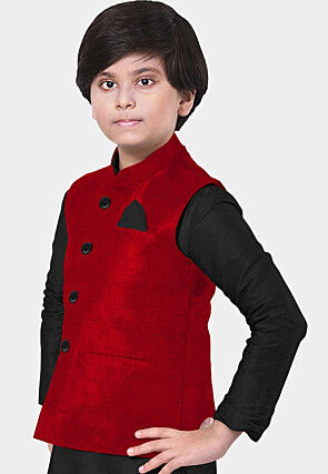 Solid Color Velvet Nehru Jacket in Red
