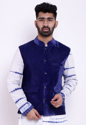 Solid Color Velvet Nehru Jacket in Royal Blue