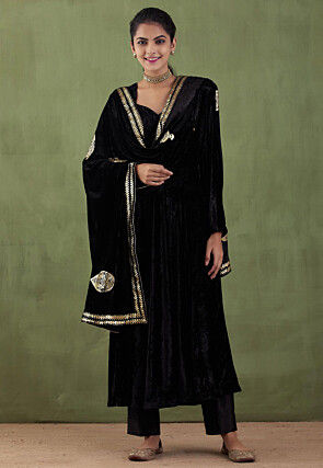Solid Color Velvet Pakistani Suit in Black