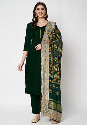 Solid Color Velvet Pakistani Suit in Dark Green