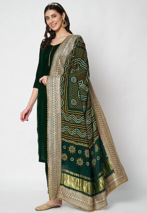 Solid Color Velvet Pakistani Suit in Dark Green