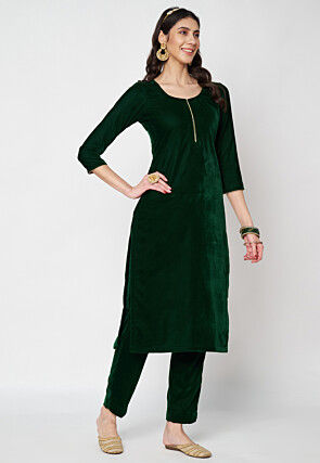 Solid Color Velvet Pakistani Suit in Dark Green
