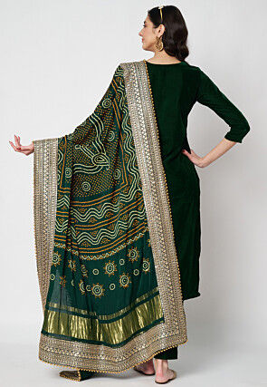 Solid Color Velvet Pakistani Suit in Dark Green
