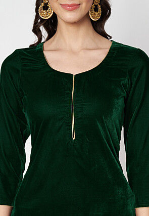 Solid Color Velvet Pakistani Suit in Dark Green