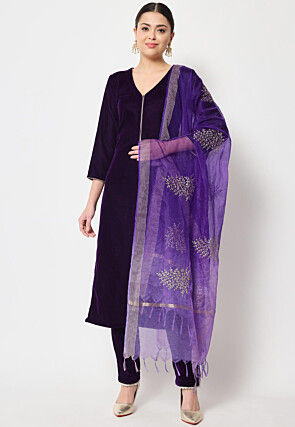 Solid Color Velvet Pakistani Suit in Dark Purple