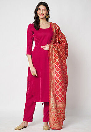 Solid Color Velvet Pakistani Suit in Fuchsia