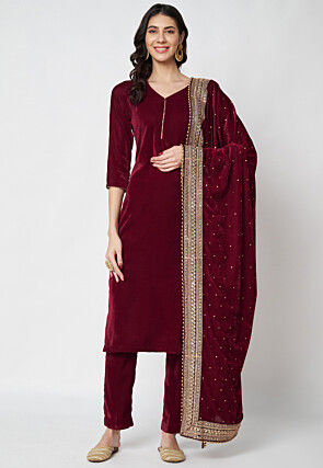 Solid Color Velvet Pakistani Suit in Maroon