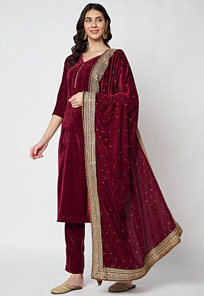 Solid Color Velvet Pakistani Suit in Maroon