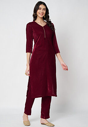 Solid Color Velvet Pakistani Suit in Maroon