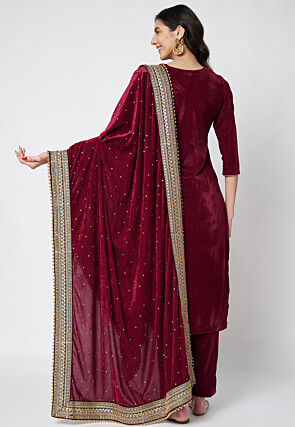 Solid Color Velvet Pakistani Suit in Maroon