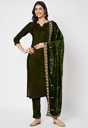 Solid Color Velvet Pakistani Suit in Olive Green