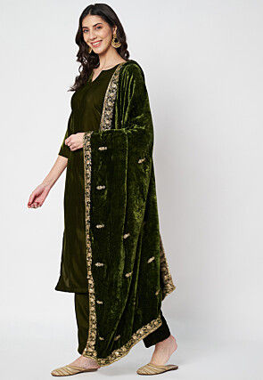Solid Color Velvet Pakistani Suit in Olive Green