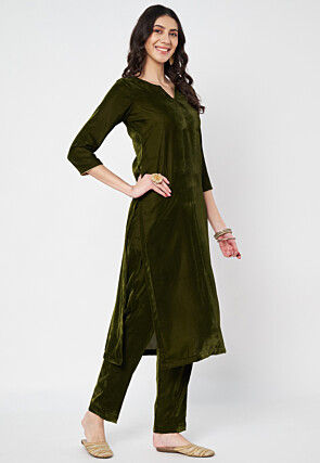 Solid Color Velvet Pakistani Suit in Olive Green
