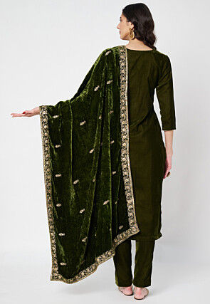 Solid Color Velvet Pakistani Suit in Olive Green