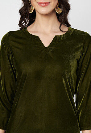 Solid Color Velvet Pakistani Suit in Olive Green
