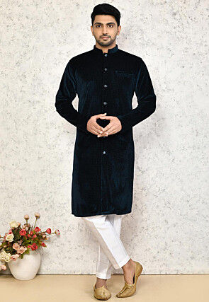 Solid Color Velvet Sherwani in Navy Blue