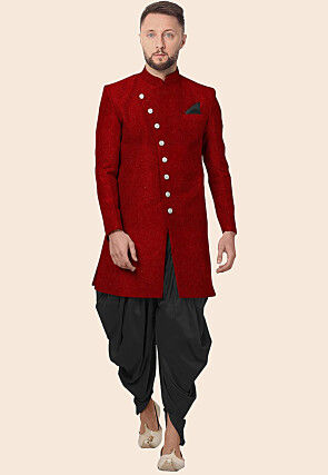 Solid Color Velvet Sherwani in Red