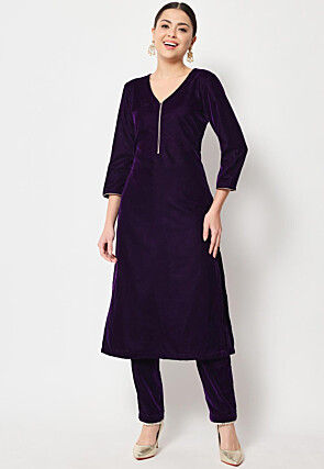 Solid Color Velvet Straight Kurta Set in Dark Purple