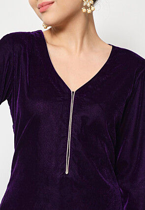 Solid Color Velvet Straight Kurta Set in Dark Purple