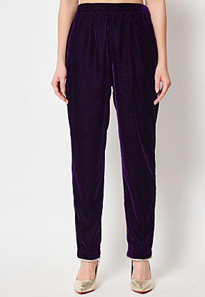 Solid Color Velvet Straight Kurta Set in Dark Purple