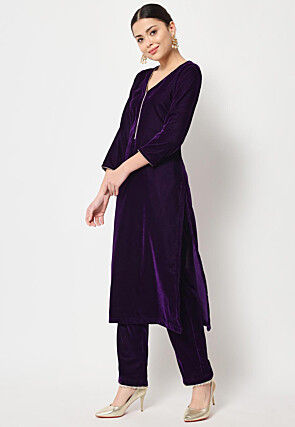 Solid Color Velvet Straight Kurta Set in Dark Purple