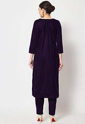Solid Color Velvet Straight Kurta Set in Dark Purple