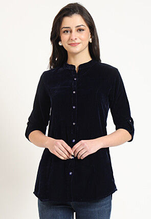 Solid Color Velvet Top in Navy Blue