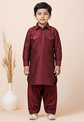 Solid Color Viscose Cotton Pathani Suit in Maroon