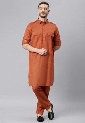 Solid Color Viscose Cotton Pathani Suit in Rust