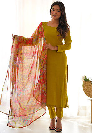 Solid Color Viscose Pakistani Suit in Light Olive Green