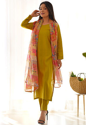 Solid Color Viscose Pakistani Suit in Light Olive Green