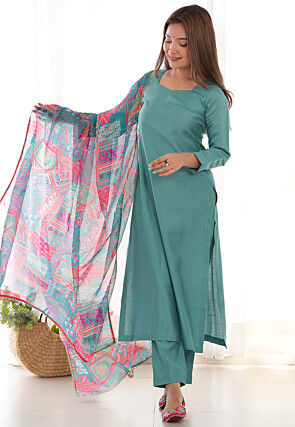 Solid Color Viscose Pakistani Suit in Teal Blue
