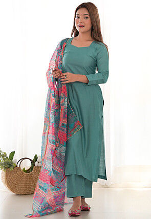 Solid Color Viscose Pakistani Suit in Teal Blue
