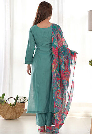 Solid Color Viscose Pakistani Suit in Teal Blue