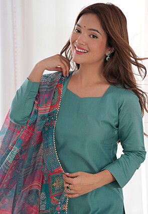 Solid Color Viscose Pakistani Suit in Teal Blue