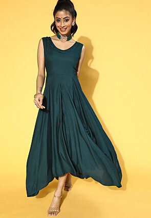 Solid Color Viscose Rayon Maxi Dress in Dark Teal Green