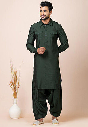 Solid Color Viscose Rayon Paithani Suit in Dark Green