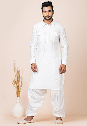 Solid Color Viscose Rayon Paithani Suit in Off White