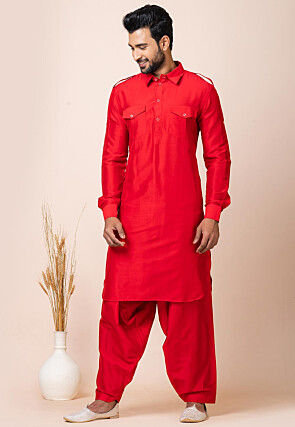 Solid Color Viscose Rayon Paithani Suit in Red