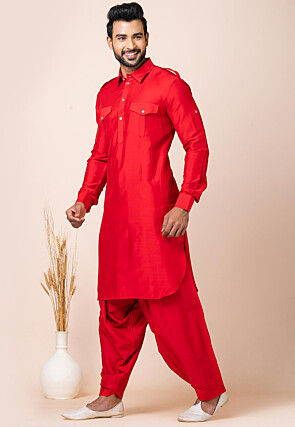 Solid Color Viscose Rayon Paithani Suit in Red