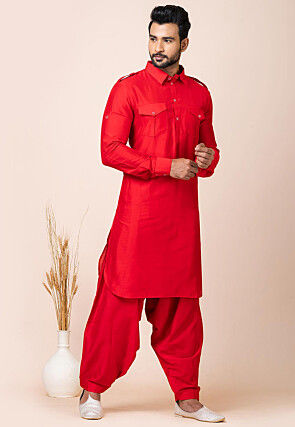Solid Color Viscose Rayon Paithani Suit in Red