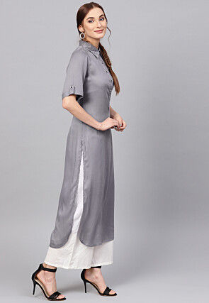 Solid Color Viscose Rayon Straight Kurta in Grey