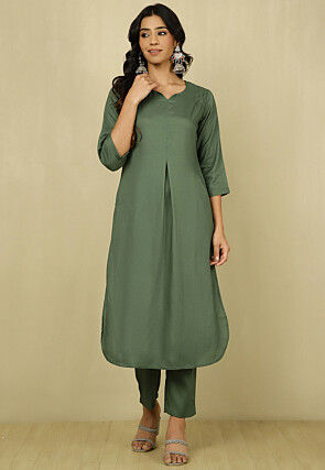 Solid Color Viscose Rayon Straight Kurta Set in Green
